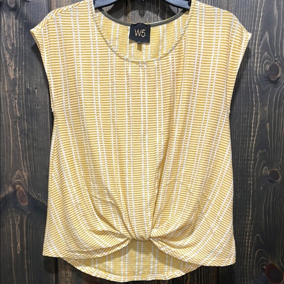 Anthropologie W5 Knot Top M Yellow White Cap Sleeves Striped Boho Stretch Resort - Picture 1 of 8